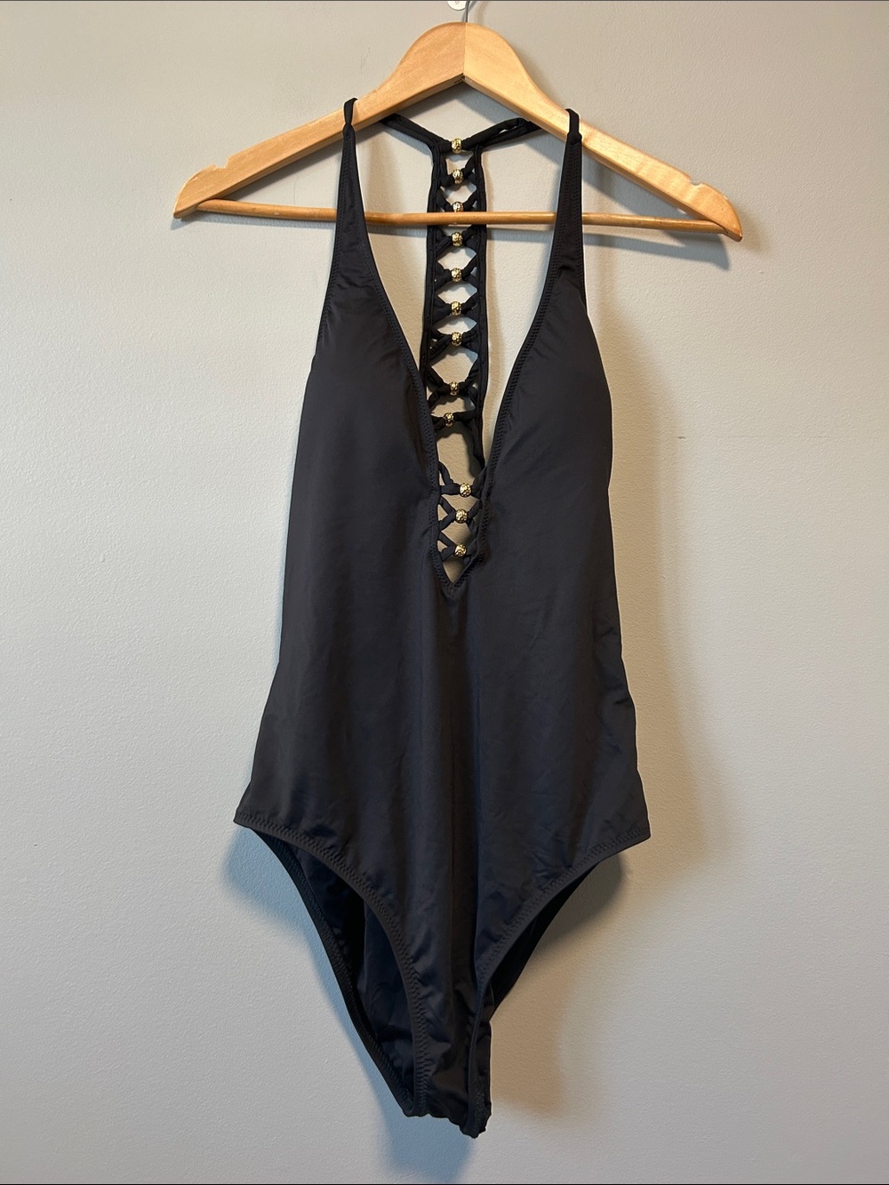 Trina Turk Black One Piece Swimsuit Gold Beads Racerback